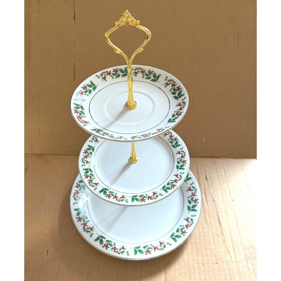 Vintage Christmas Charm Delight Holiday Harmany by Gibson 3 Tier Dessert Tray - Picture 1 of 5